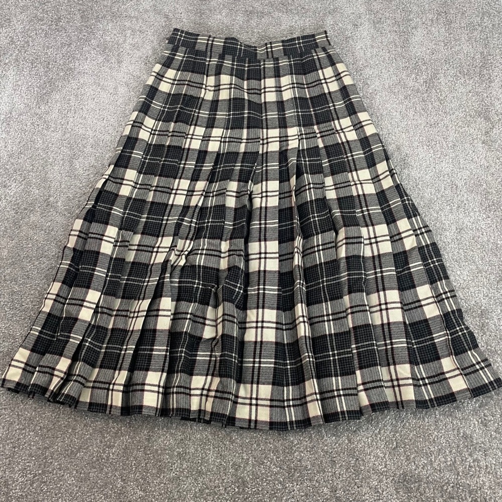 Vintage Norm Thompson Wool Midi Skirt Womens Size 8 Plaid Pleated Black Cream